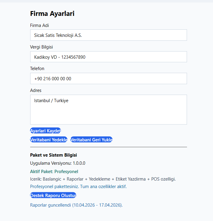 Depoviz SıcakSatış — firma ayarları ve paket bilgisi